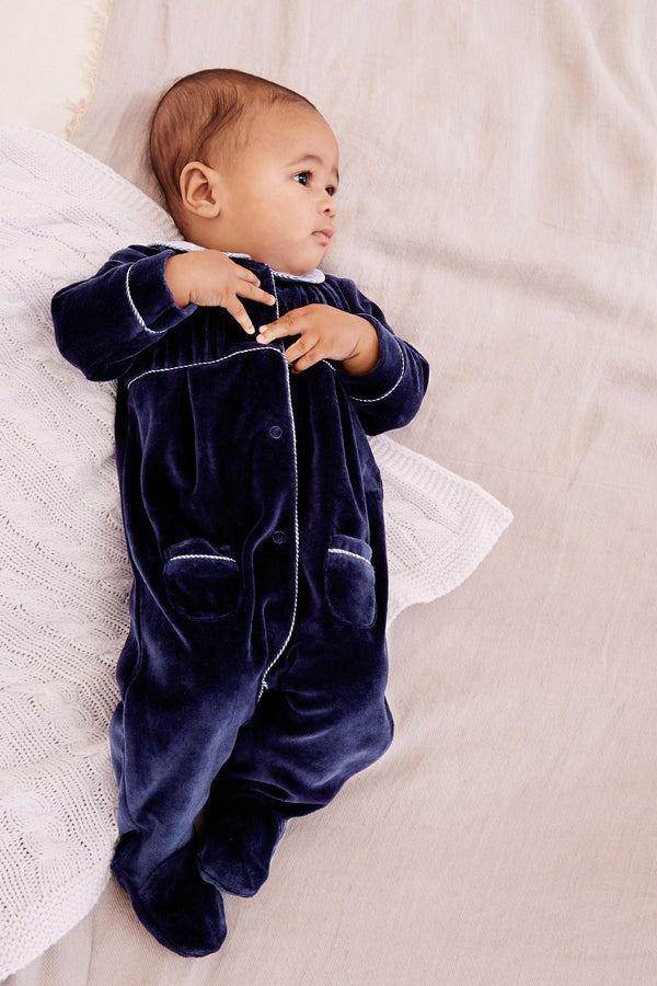 Navy Blue Baby Velour Collared Sleepsuit (0mths-3yrs)