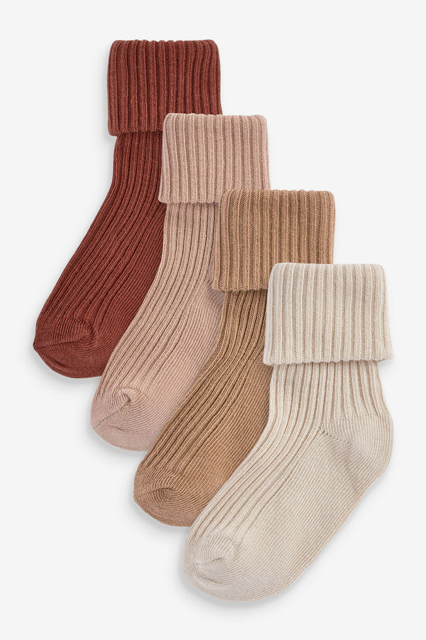 Rust Brown/Neutral 4 Pack Baby Roll Top Socks (0mths-2yrs)