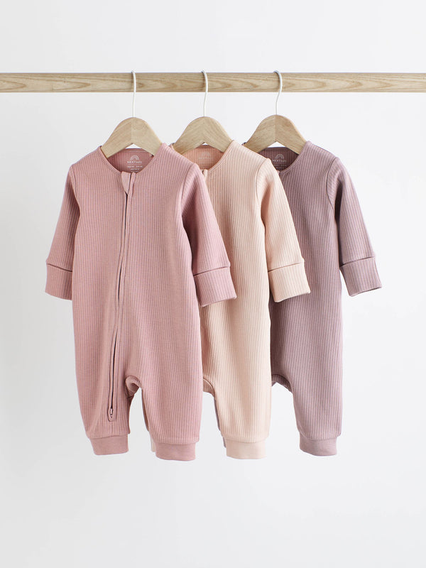 Pink 100% Cotton Two Way Zip Baby Sleepsuit 3 Pack (0mths-3yrs)