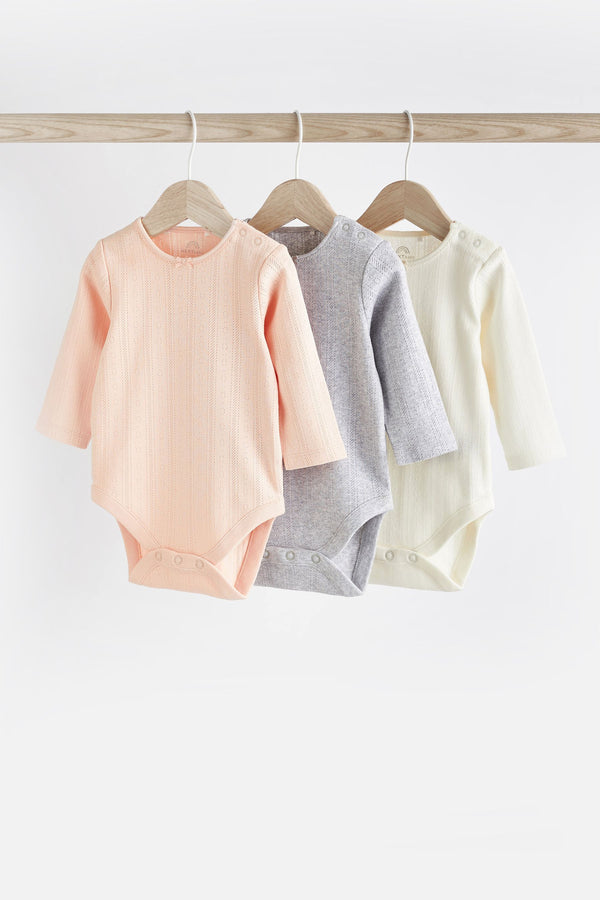 Pink/Grey/White Pointelle Baby Long Sleeve Bodysuits 3 Pack (immediate)