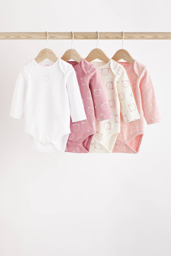 Pink/White Bear Baby 100% Cotton Long Sleeve Bodysuits 4 Pack