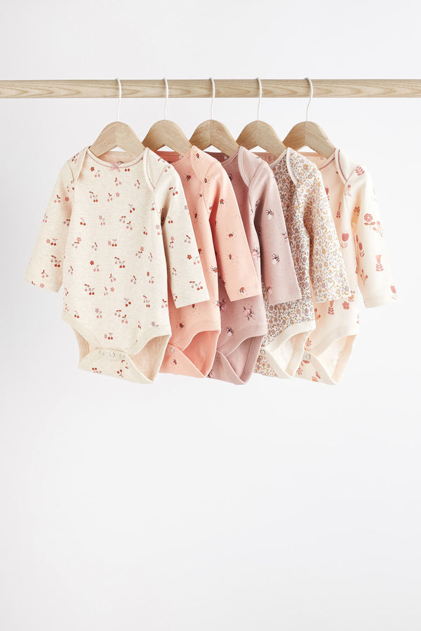 Pink/Cream Baby Long Sleeve Bodysuits 5 Pack