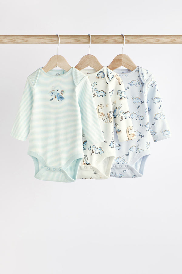 Blue Dinosaur Long Sleeve Baby Bodysuits 3 Pack