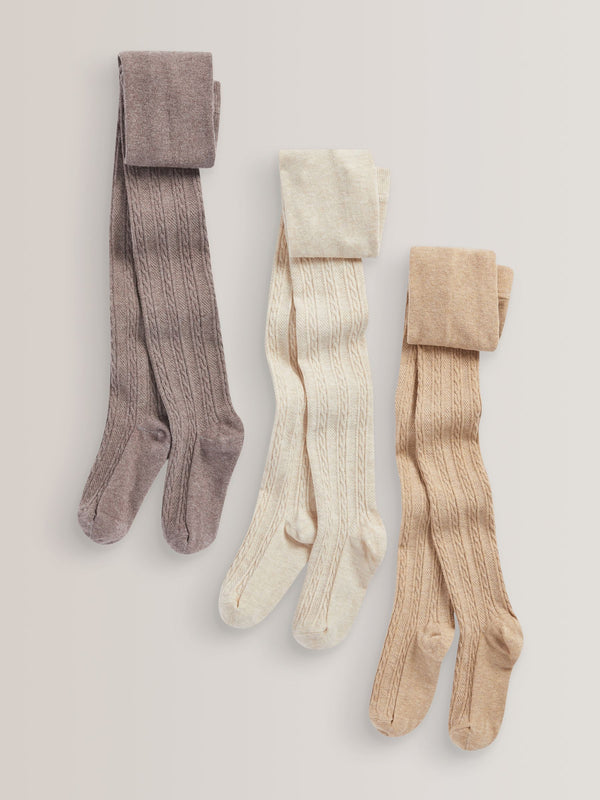 Oatmeal Cream/Brown Regular Length 3 Pack Cotton Rich Cable Tights