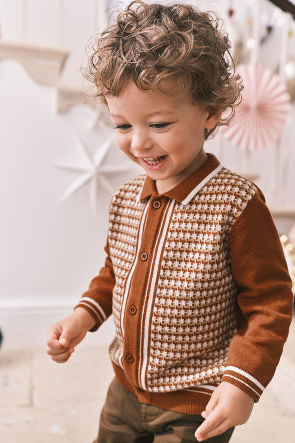 Rust Brown Geometric Long Sleeve Patterned Knit Polo Shirt (3mths-7yrs)