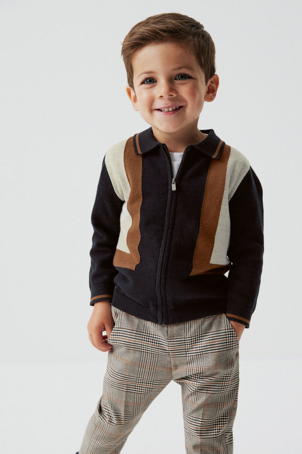 Black/Tan Brown Colourblock Long Sleeve Patterned Knit Polo Shirt (3mths-7yrs)