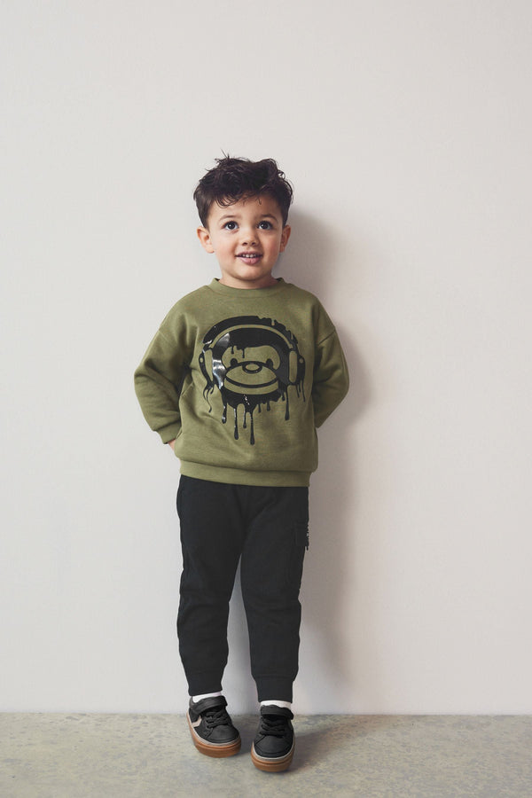 Khaki Green/Black Drippy Monkey Character Sweatshirt and Joggers Set (3mths-7yrs)