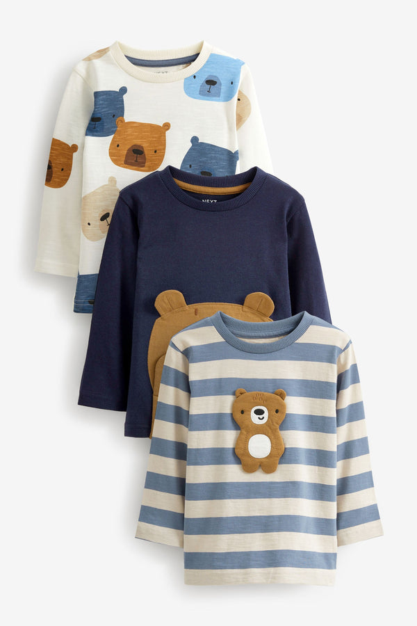 Blue/Brown Peekaboo Bear Long Sleeve Character 100% Cotton T-Shirts 3 Pack (3mths-7yrs)