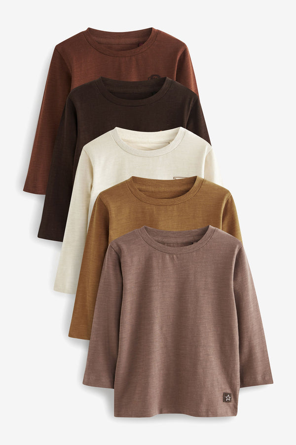 Brown/Cream Plain Long Sleeve T-Shirts 5 Pack (3mths-7yrs)