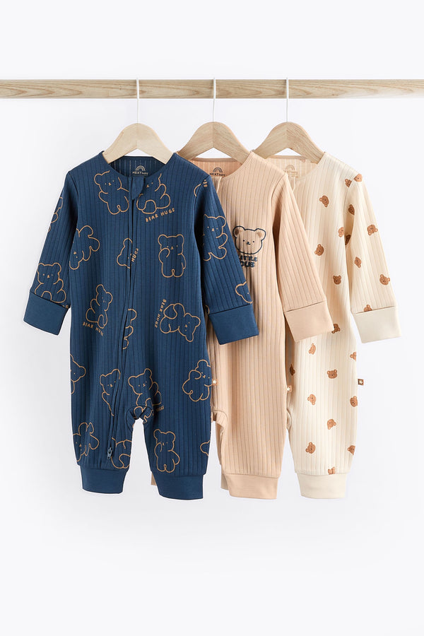 Navy/Tan Bear Baby Footless Zipped 100% Cotton Sleepsuits 3 Pack (0mths-3yrs)