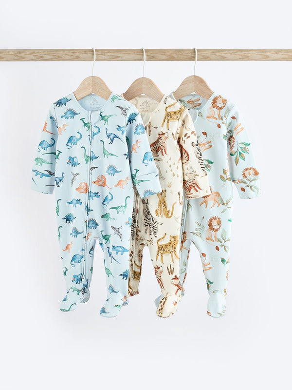 Blue Character Baby 2 Way Zip 100% Cotton Sleepsuits 3 Pack (immediate)