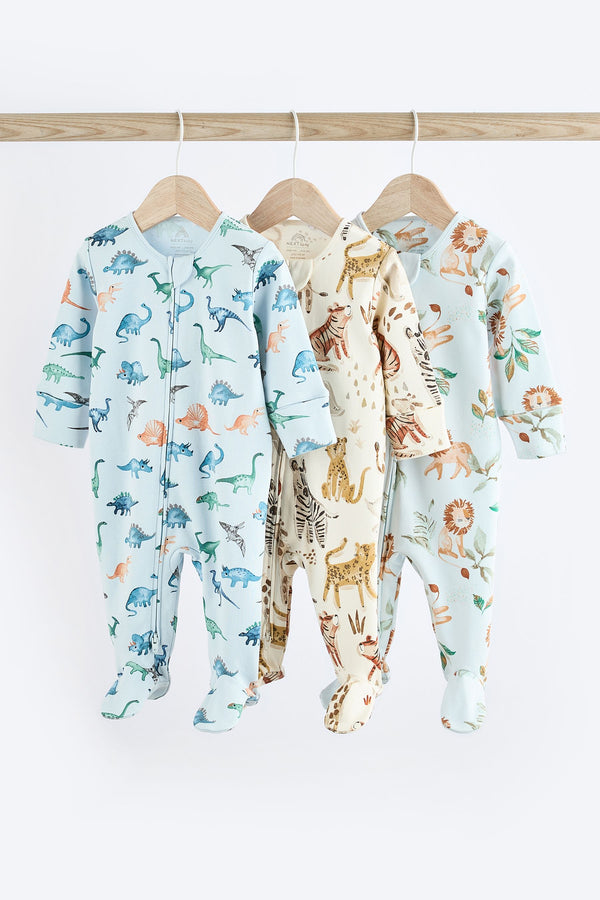 Blue Character Baby 2 Way Zip 100% Cotton Sleepsuits 3 Pack (0mths-2yrs)