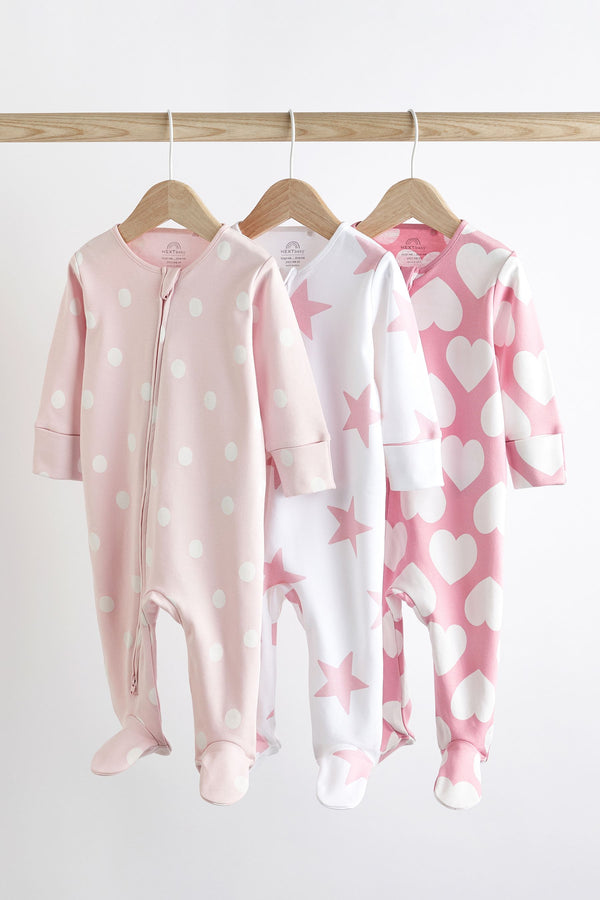 Pink/White Two Way Zip 100% Cotton Baby Sleepsuits 3 Pack (0-3yrs)