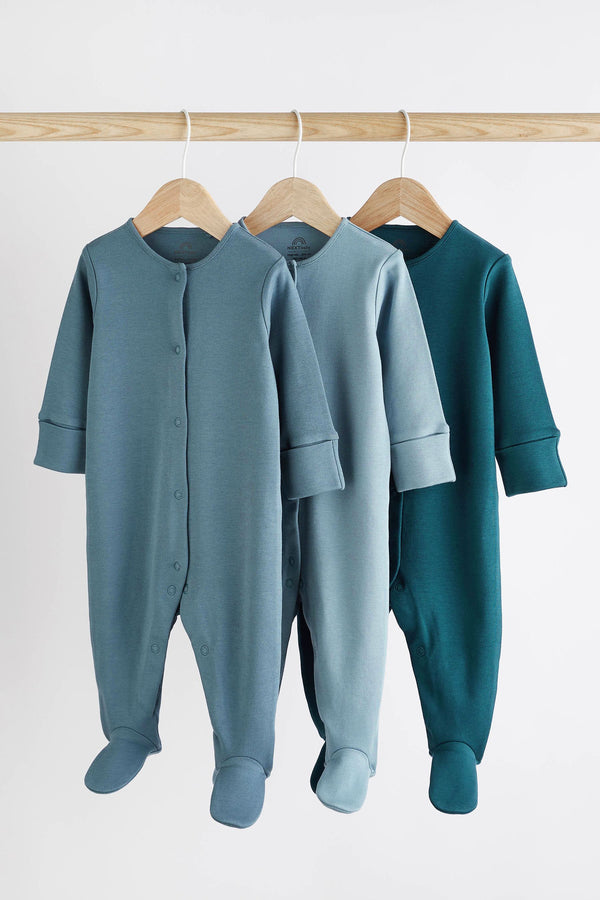 Petrol Blue 3 Pack Baby 100% Cotton Sleepsuits (0-2yrs)