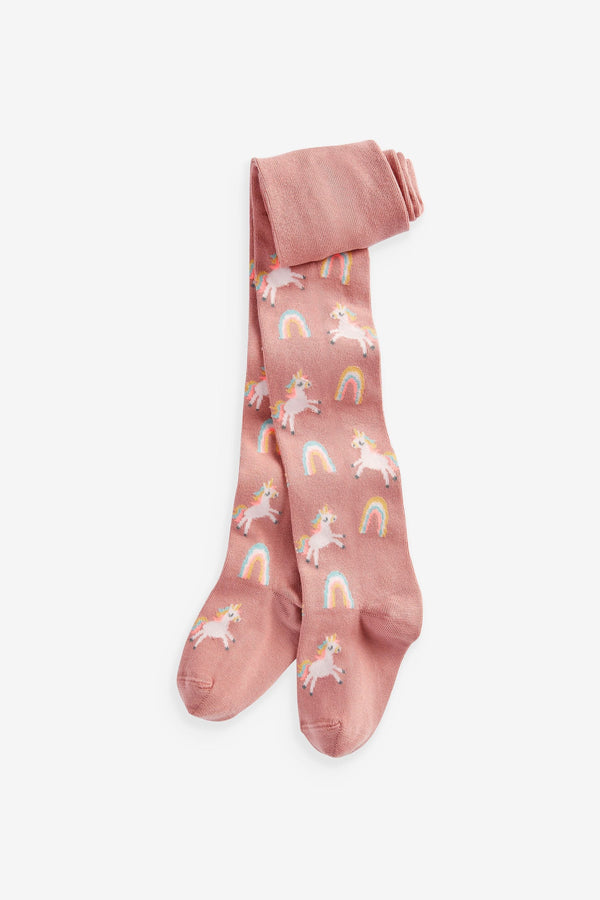 Dusky Pink Cotton Rich Fluro Unicorn Tights