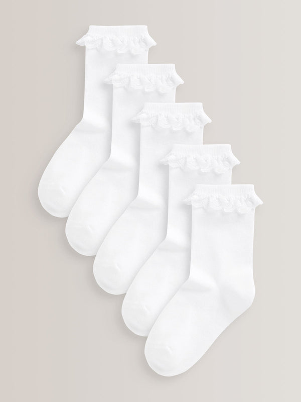 White 5 Pack Cotton Rich Cushioned Sole Ruffle Ankle School Socks