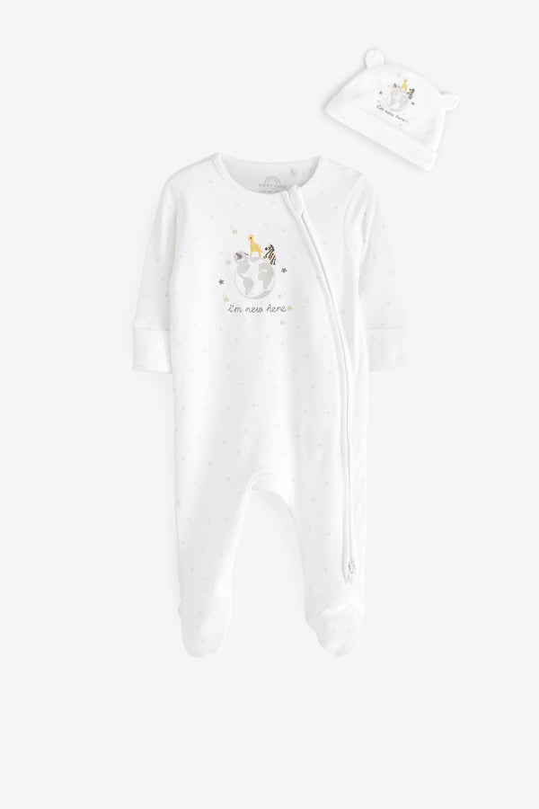 White Im New Here Zip Cotton Sleepsuit and Hat Set (0-9mths)