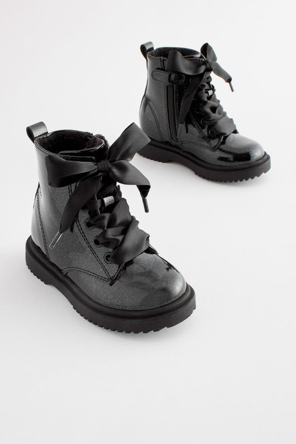 Black Patent Warm Lined Lace-Up Boots