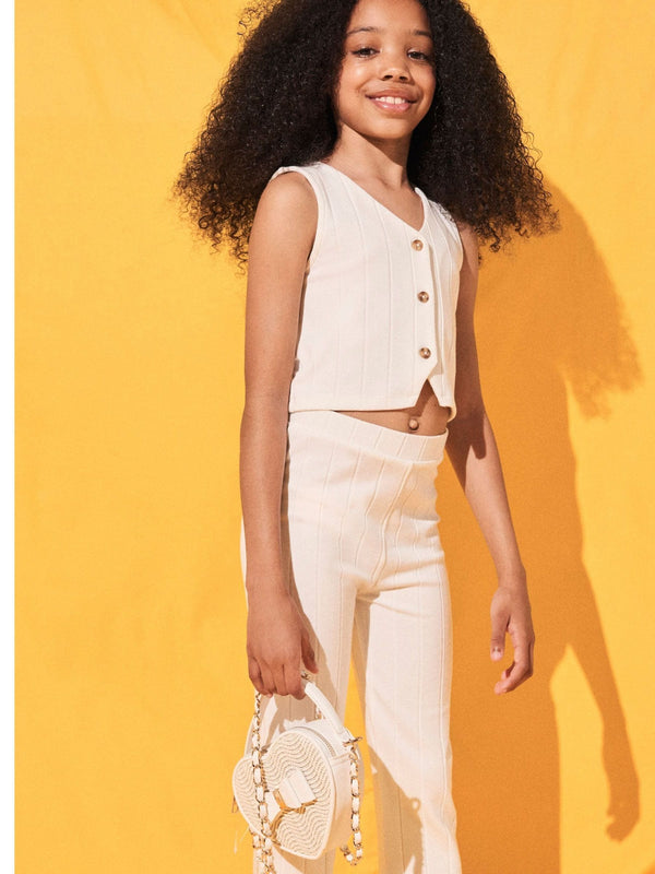 River Island White Girls Rib 100% Cottton Waistcoat and Trousers Set