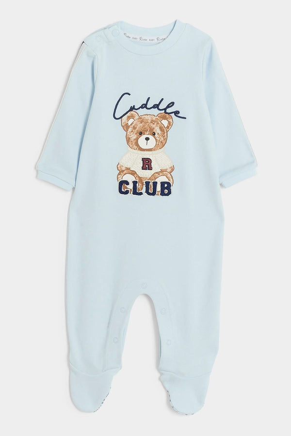 River Island Blue Baby Boys Bear 100% Cotton Sleepsuit