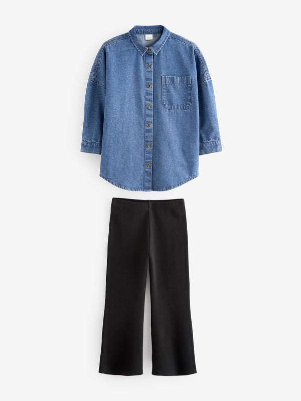 Black Flare 100% Cotton Leggings And Denim Shirt Set (3-16yrs)