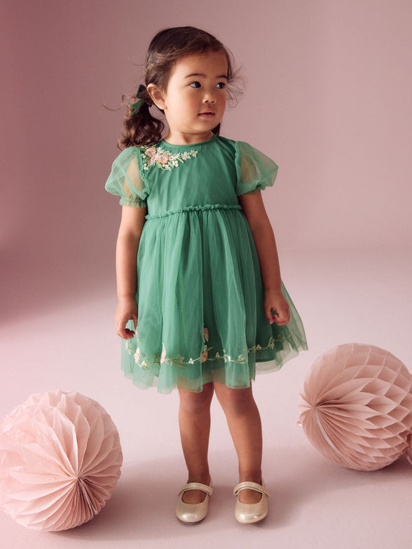 Green Embroidered Mesh Party Dress (3mths-10yrs)