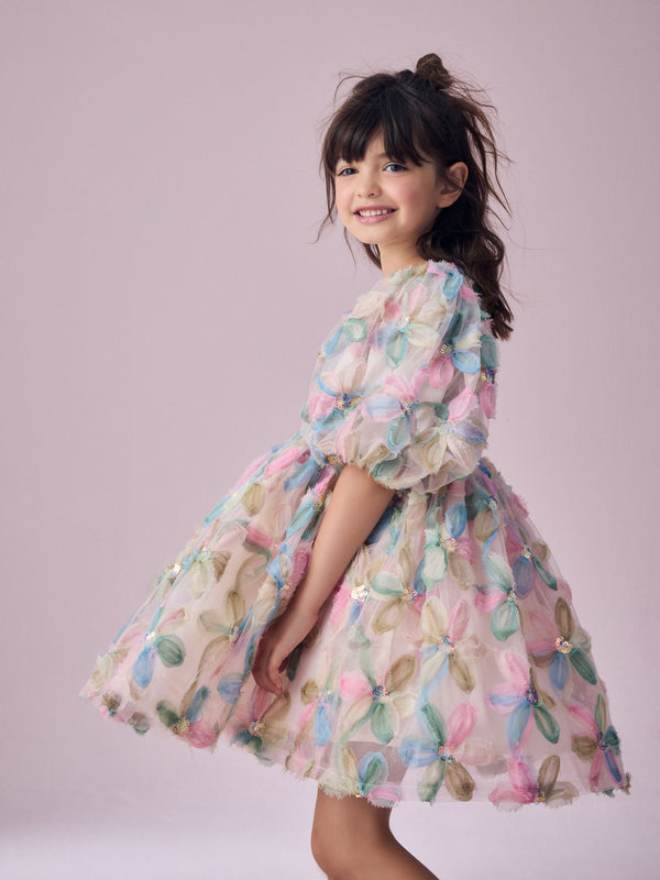 Pink Embellished Puff Sleeve Dress (3-16yrs)