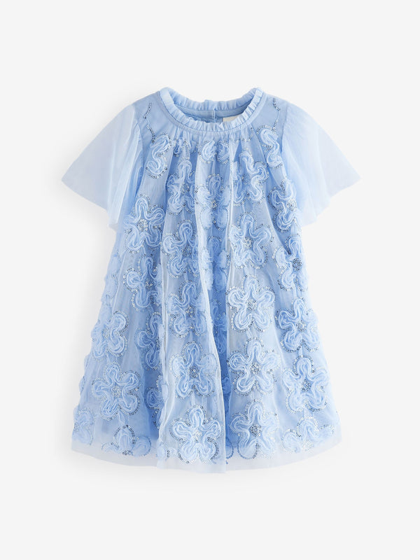 Blue Mesh Flower Print  Dress (3mths-7yrs)