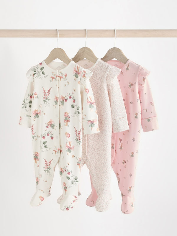 Pink 3 Pack 100% Cotton Two Way Zip Baby Sleepsuits(immediate)