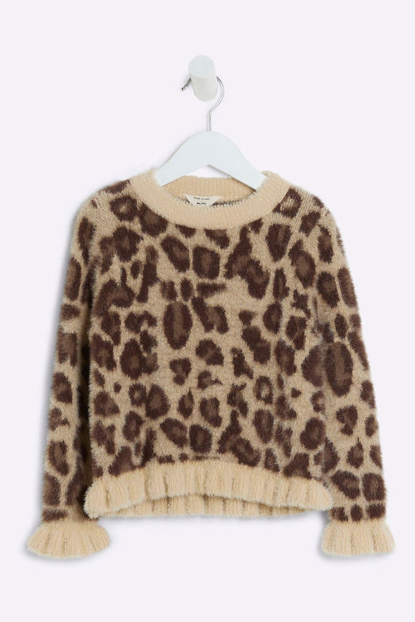 River Island Brown Girls Leopard Print Fluff Frill 100% Cotton Jumper