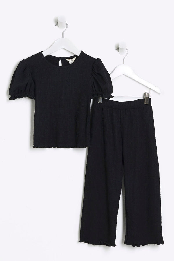 River Island Black Girls Puff Sleeve 100% Cotton Textured Top And Trousers Set