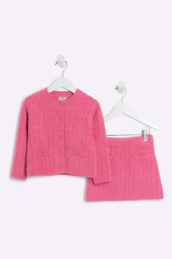 River Island Pink Girls 100% Cotton Fluff Cardigan And Skirt Set