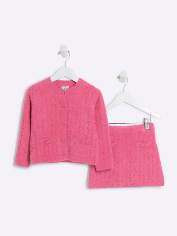 River Island Pink Girls 100% Cotton Fluff Cardigan And Skirt Set