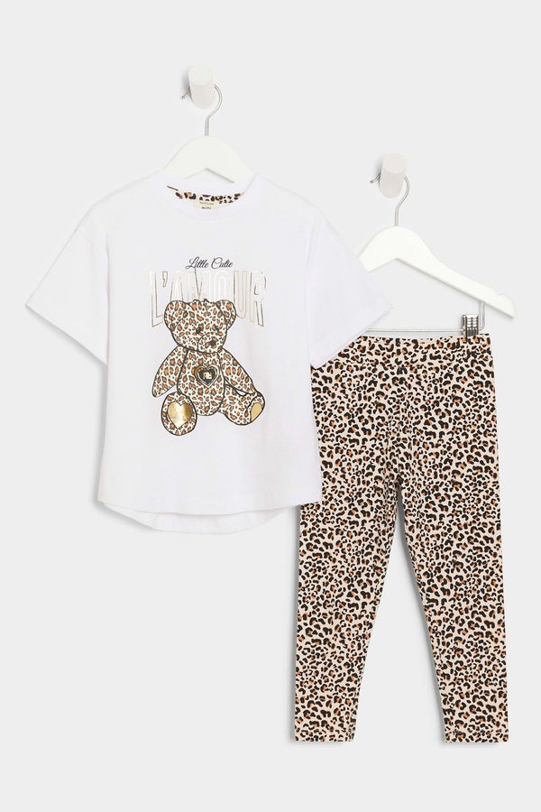 River Island White Girls Leopard Print Bear 100% Cotton T-Shirts Set