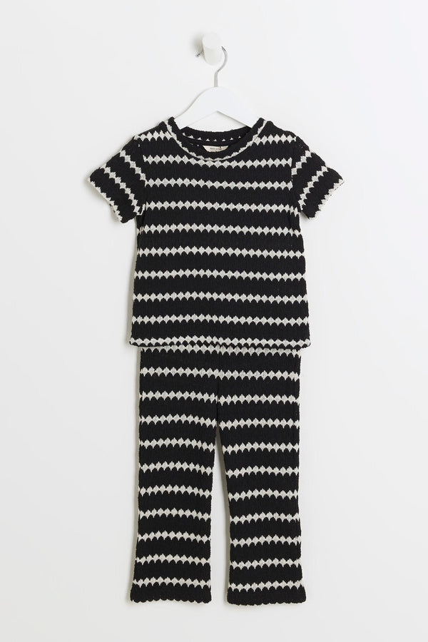 River Island Black Girls Crochet Stripe 100% Cottton Top And Trouser Set