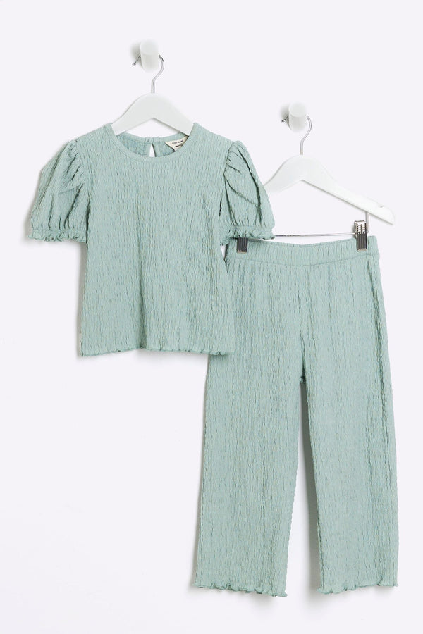 River Island Green Girls Puff Sleeve Textured 100% Cottton Top And Trousers Set