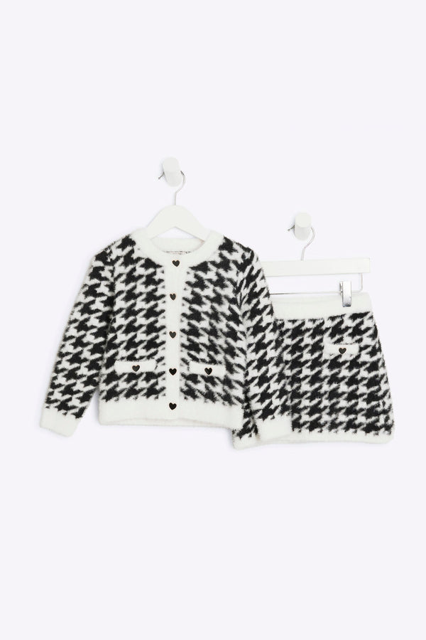 River Island Girls Dogtooth Fluff Cardigan And Skirt Set