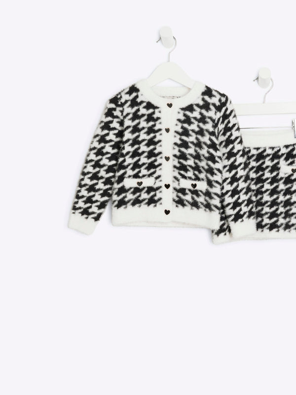 River Island Black Girls 100% Cotton Dogtooth Fluff Cardigan And Skirt Set