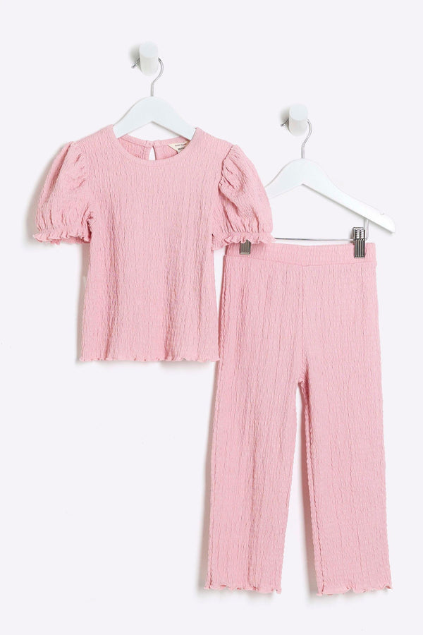 River Island Pink Girls Puff Sleeve Textured 100% Cottton Top And Trousers Set