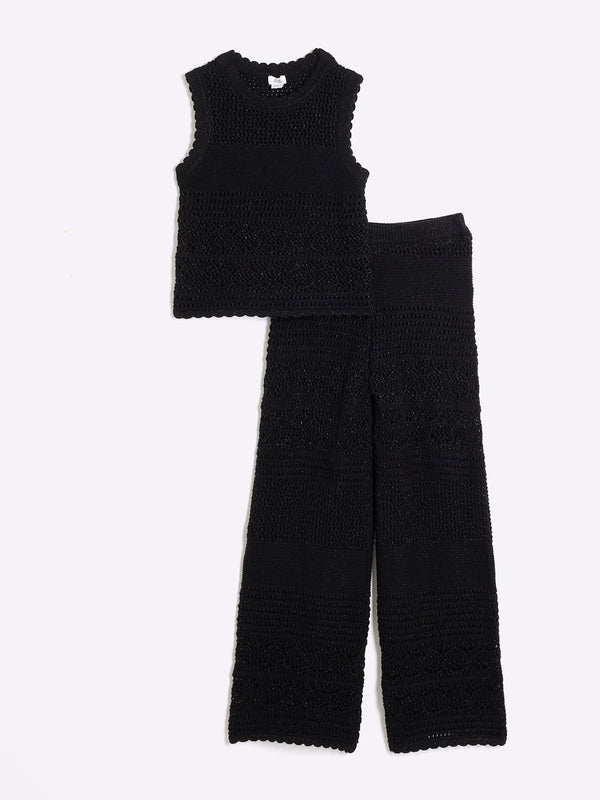 River Island Black Girls Crochet 100% Cotton Top And Trousers Set