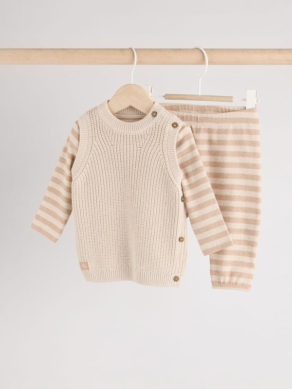 Neutral Stripe Baby Knit 100% Cotton Vest Set 3 Piece (0mths-2yrs)