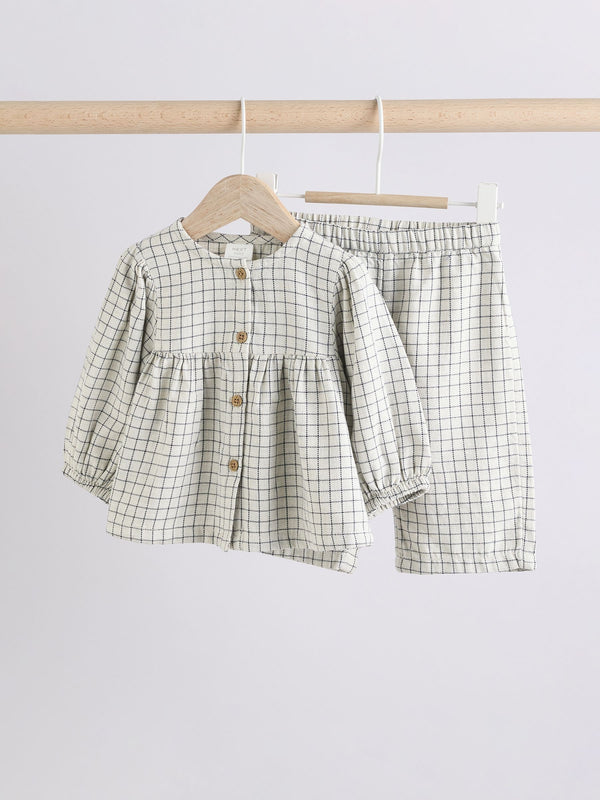 White Grid Print Woven Long Sleeve 100% Cotton Top and Wide Leg Trousers Set (0mths-2yrs)