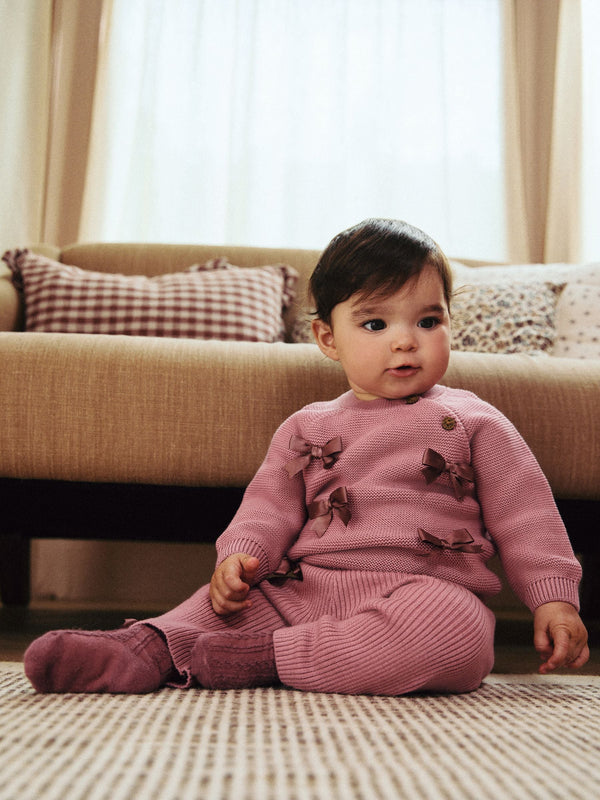 Pink 3D Bows Baby Knitted 100% Cotton Jumper and Leggings Set (0mths-2yrs)