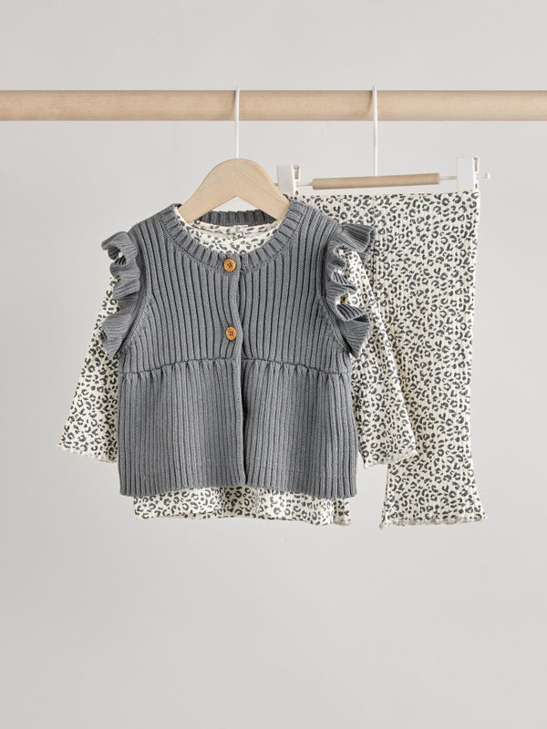 Grey Leopard Print Baby 100% Cotton Long Sleeve Top Knitted Waistcoat and Leggings Set 3 Piece (0mths-2yrs)