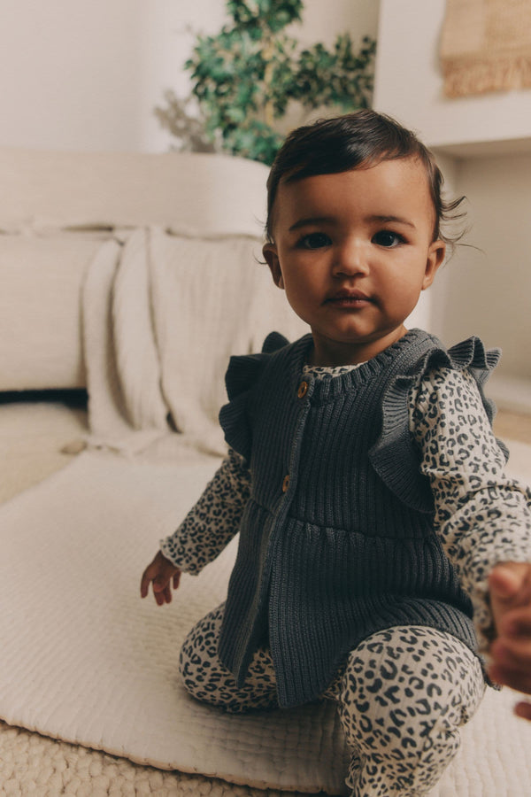 Grey Leopard Print Baby 100% Cotton Long Sleeve Top Knitted Waistcoat and Leggings Set 3 Piece (0mths-2yrs)