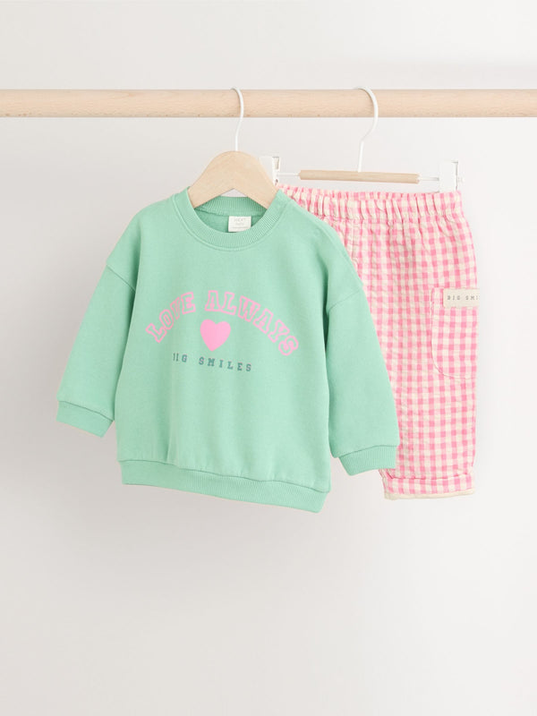 Green/Pink Gingham Baby Sweat Jumper & Woven Trousers Set(immediate)