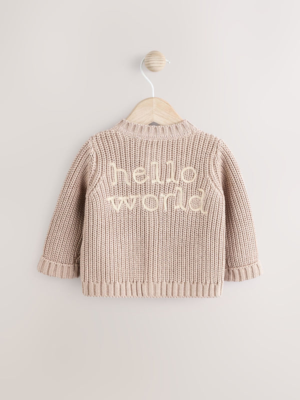 Neutral Hello World Slogan 100% Cotton Chunky Knitted Embroidered Baby Cardigan