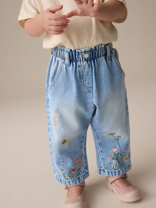Denim Floral Print Embroidered Barrel-Leg Jeans (3mths-7yrs)