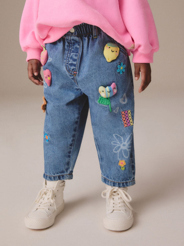 Mid Blue Denim Pull-On Embroidered 100% Cotton Jeans (3mths-7yrs)