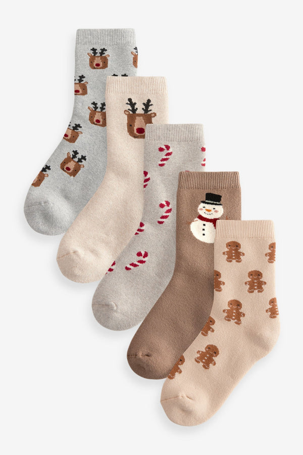 Neutral All Over Character Cotton Rich Christmas Socks 5 Pack